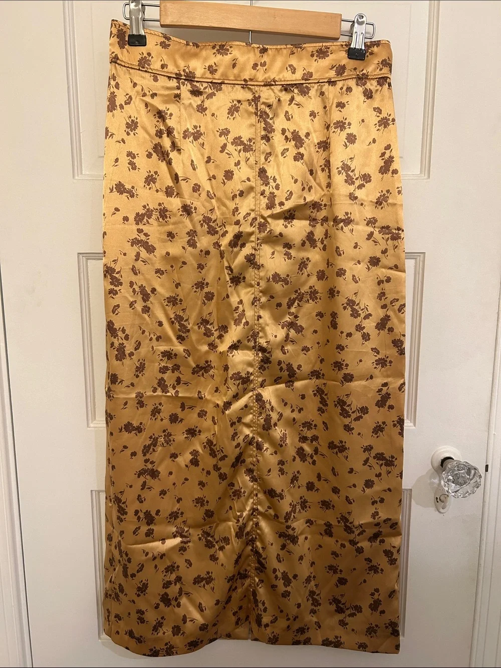 Zara gold / brown floral satin midi skirt with side slit